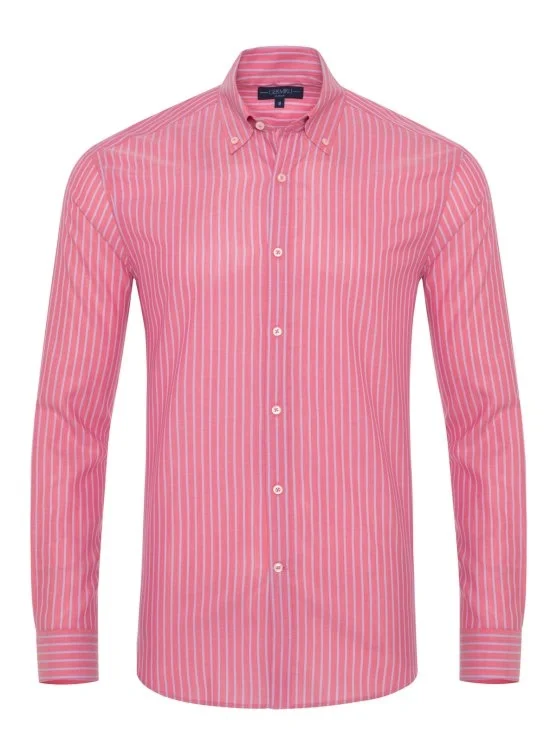 Germirli Pink Blue Striped Button Down Collar Tailor Fit Voile Shirt - Germirli 