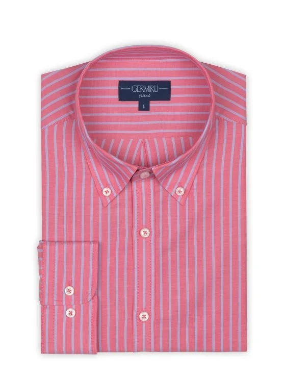 Germirli Pink Blue Striped Button Down Collar Tailor Fit Voile Shirt - Germirli 