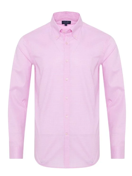 Pink Checkered Button-Down Collar Tailor Fit Exclusive Shirt with Germirli - Germirli 