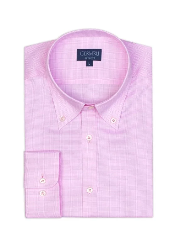 Pink Checkered Button-Down Collar Tailor Fit Exclusive Shirt with Germirli - Germirli 