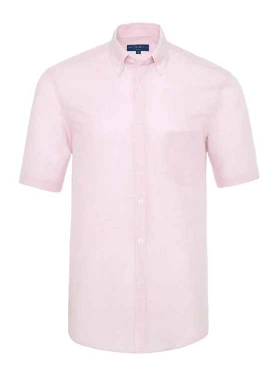 Germirli Pink White Striped Linen Cotton Short Sleeve Button Down Collar Pocket Tailor Fit Shirt - Germirli 