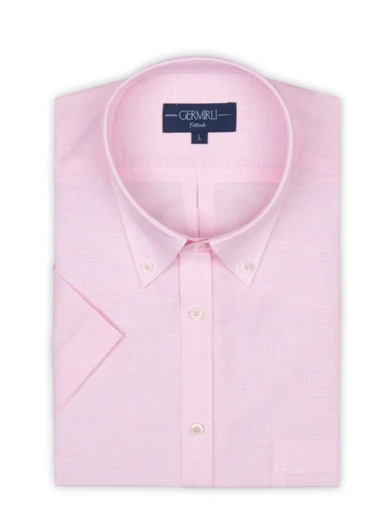Germirli Pink White Striped Linen Cotton Short Sleeve Button Down Collar Pocket Tailor Fit Shirt - Germirli 