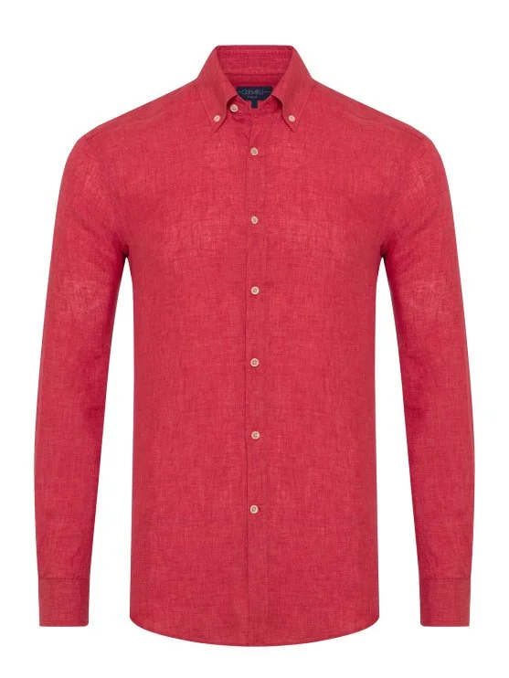 Germirli Pomegranate Flower Button-Down Collar Tailor Fit Delave Linen Shirt - Germirli 
