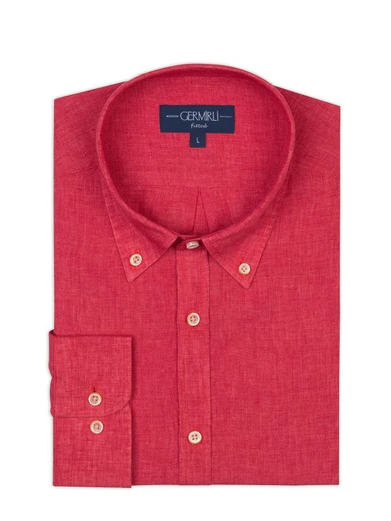 Germirli Pomegranate Flower Button-Down Collar Tailor Fit Delave Linen Shirt - Germirli 