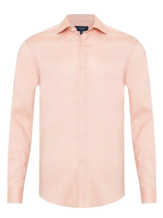 Exclusive Classic Collar Tailor Fit Cotton Shirt with Germirli Salmon Color Micro Pattern - Germirli 