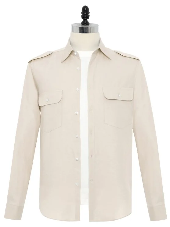Germirli Sand Beige Color Cotton Tencel Epaulette Cover Pocket Foldable Sleeve Hello Shirt - Germirli 
