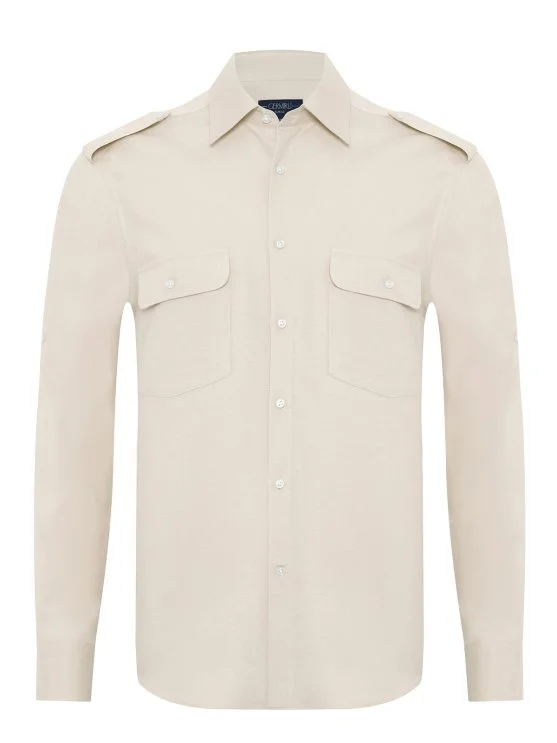 Germirli Sand Beige Color Cotton Tencel Epaulette Cover Pocket Foldable Sleeve Hello Shirt - Germirli 