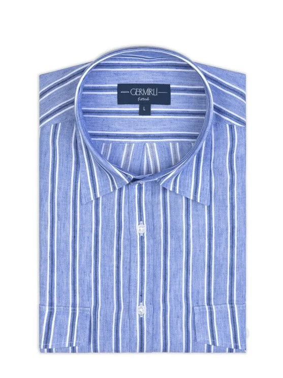 Germirli Soft Collar Double Flap Pocket Tailor Fit Blue Navy Striped Cotton Linen Shirt - Germirli 