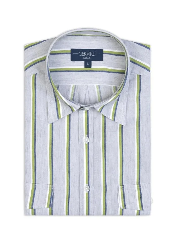 Germirli Soft Collar Double Flap Pocket Tailor Fit Grey Green Navy Striped Cotton Linen Shirt - Germirli 