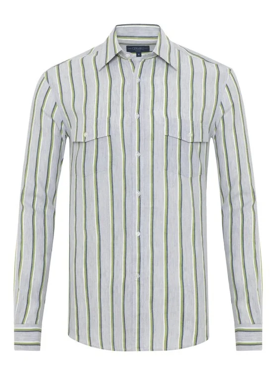 Germirli Soft Collar Double Flap Pocket Tailor Fit Grey Green Navy Striped Cotton Linen Shirt - Germirli 