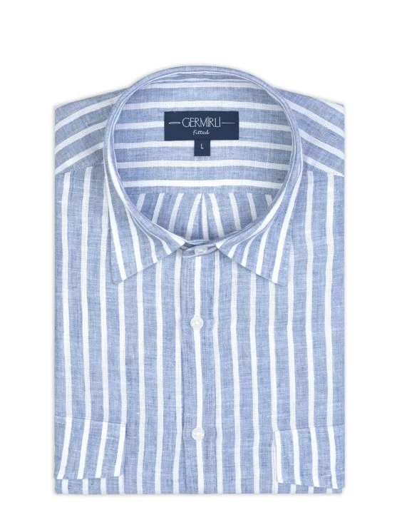 Germirli Soft Collar Double Flap Pocket Tailor Fit Indigo Blue White Striped Pure Linen Shirt - Germirli 