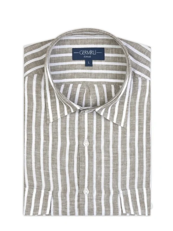 Germirli Soft Collar Double Flap Pocket Tailor Fit Khaki White Striped Pure Linen Shirt - Germirli 