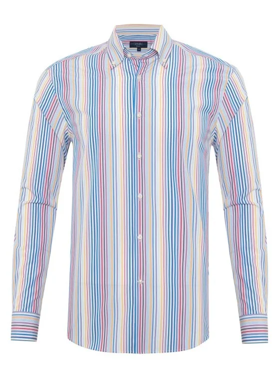 Germirli Thomas Mason Button-down Collar Yellow Red Blue Striped Tailor Fit Cotton Shirt - Germirli 