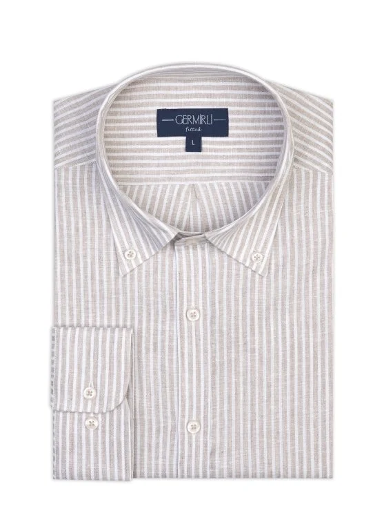 Germirli Thomas Mason Natural White Striped Button-Down Collar Tailor Fit Linen Shirt - Germirli 