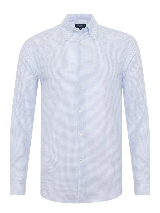 Germirli Thomas Mason Plaid White Blue Anti Crease Formula Tailor Fit Non Iron Shirt - Germirli 
