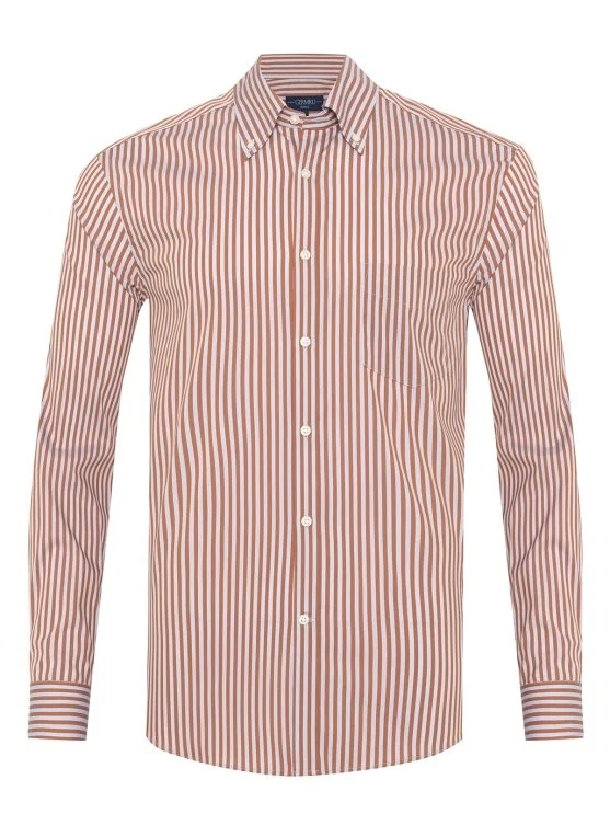 Germirli Brick Grey Striped Vintage Button-down Collar Pocket Tailor Fit Cotton Elastane Shirt - Germirli 