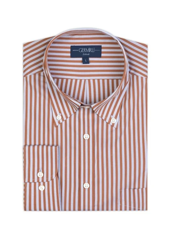 Germirli Brick Grey Striped Vintage Button-down Collar Pocket Tailor Fit Cotton Elastane Shirt - Germirli 