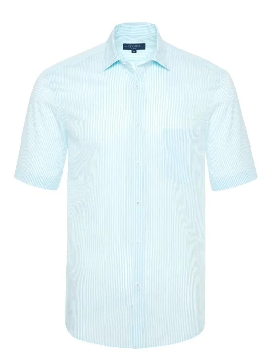 Germirli Turquoise White Striped Short Sleeve Classic Collar Pocket Tailor Fit Shirt - Germirli 