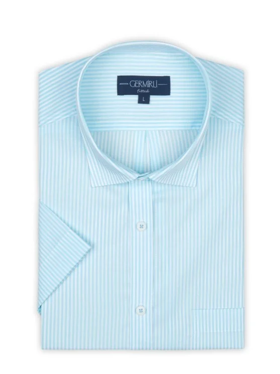 Germirli Turquoise White Striped Short Sleeve Classic Collar Pocket Tailor Fit Shirt - Germirli 