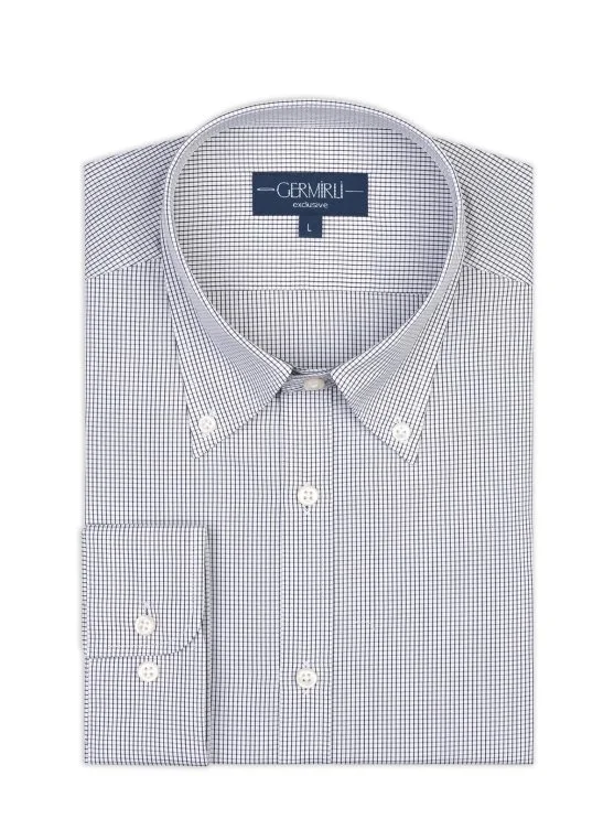 Germirli White Black Mini Plaid Tailor Fit Relaxed Fit Button Down Collar Pure Cotton Exclusive Shirt - Germirli 