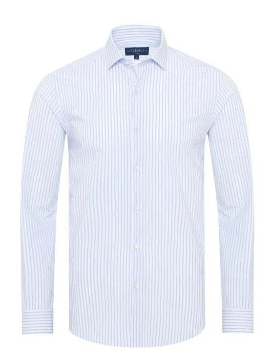 Germirli White Blue Striped 3D Germirli Slim Fit Active Shirt - Germirli 