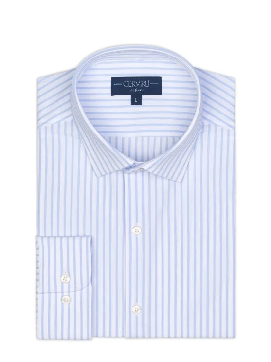 Germirli White Blue Striped 3D Germirli Slim Fit Active Shirt - Germirli 
