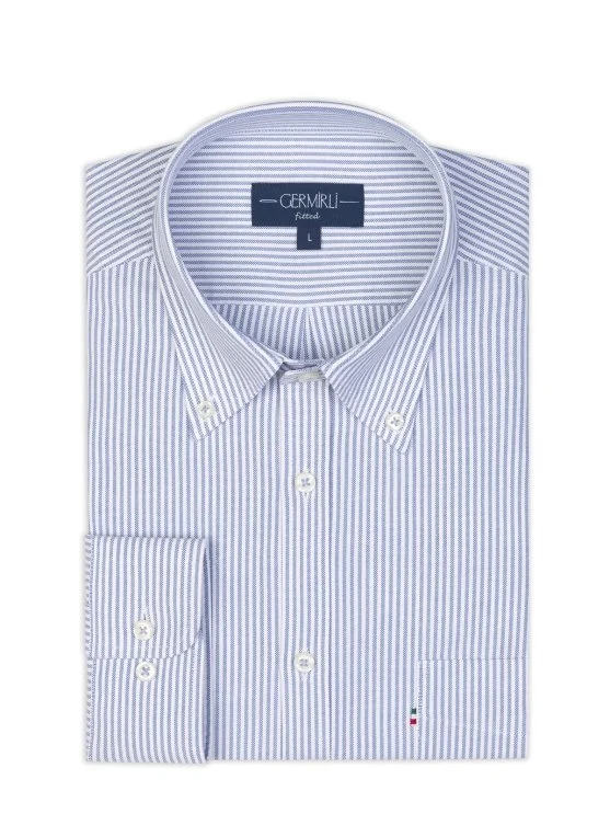 Germirli White Blue Striped Albiate Button-down Collar Pocket Tailor Fit Oxford Sport Shirt - Germirli 