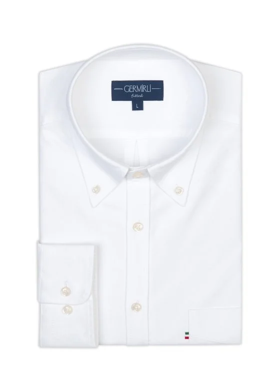 Germirli White Button-Down Collar Pocket Tailor Fit Oxford Men's Sport Shirt - Germirli 