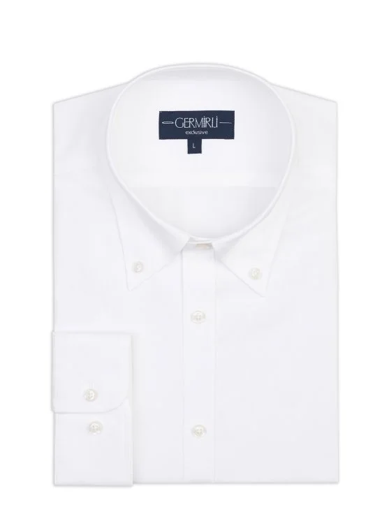 Germirli White Exclusive Panama Texture Button-down Collar Tailor Fit Cotton Shirt - Germirli 