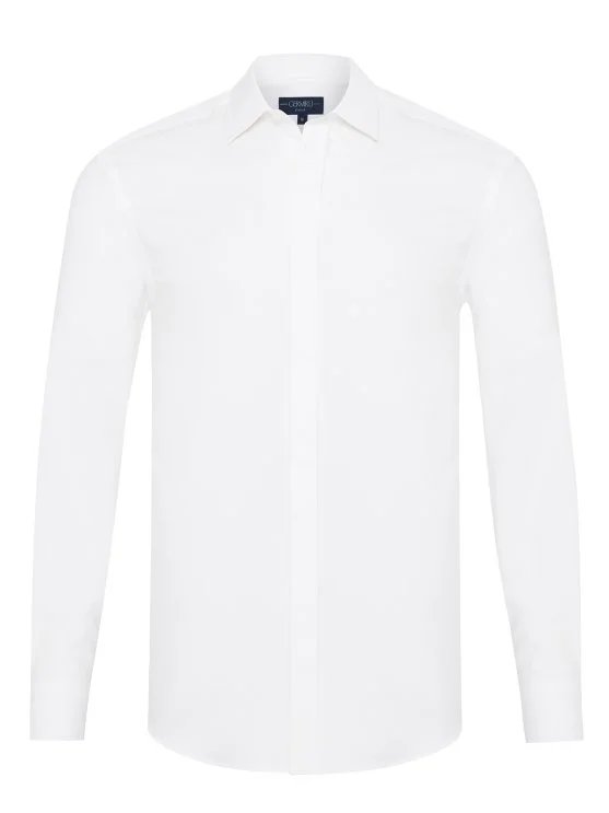 Germirli White Hidden Placket Soft Collar Tailor Fit Diagonal Pattern Cotton Shirt - Germirli 