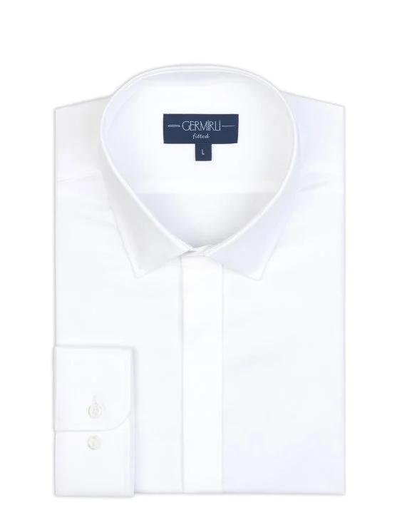 Germirli White Hidden Placket Soft Collar Tailor Fit Diagonal Pattern Cotton Shirt - Germirli 