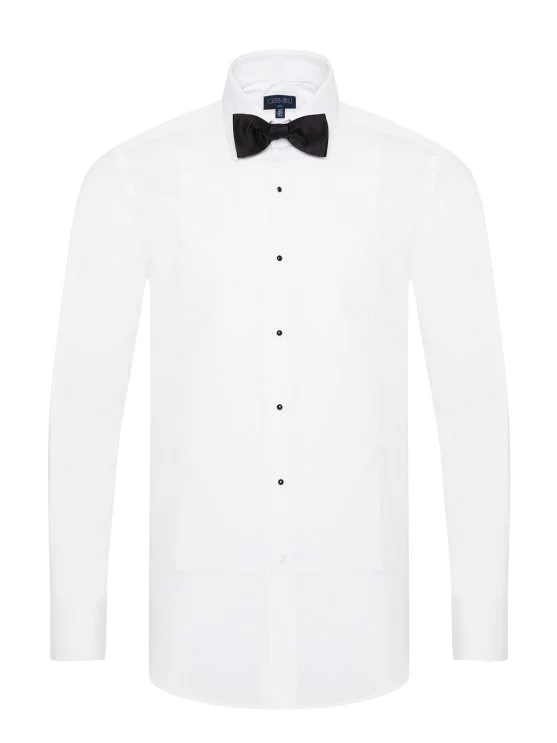 Germirli White Honeycomb Textured Classic Collar Slim Fit Groom Shirt - Germirli 