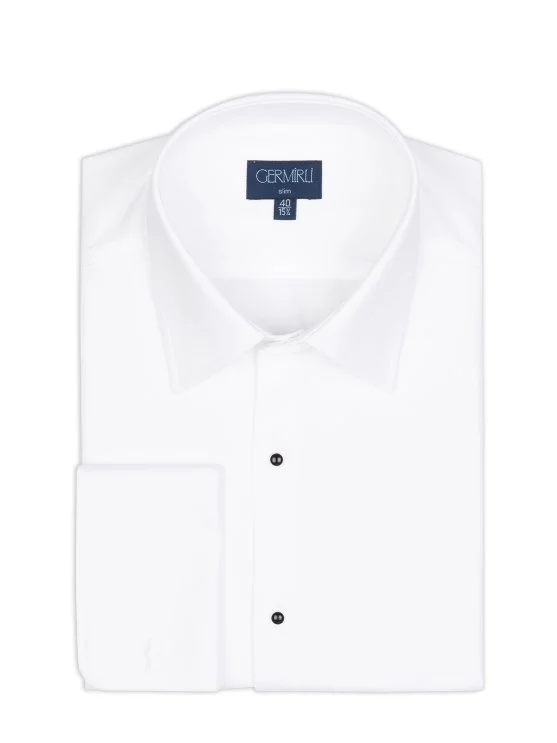 Germirli White Honeycomb Textured Classic Collar Slim Fit Groom Shirt - Germirli 