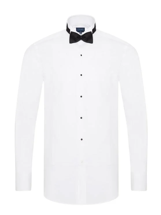Germirli White Honeycomb Textured Ata Collar Slim Fit Shirt - Germirli 