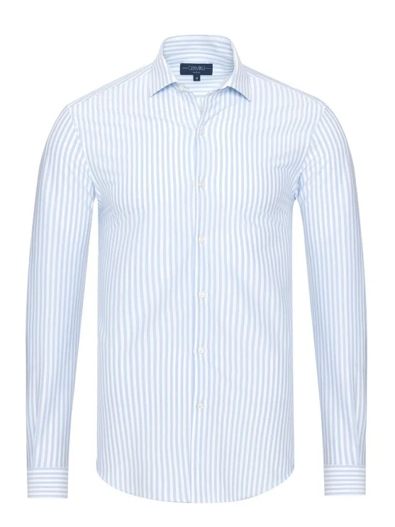 Germirli White Light Blue Striped 3D Germirli Slim Fit Active Cotton Shirt - Germirli 