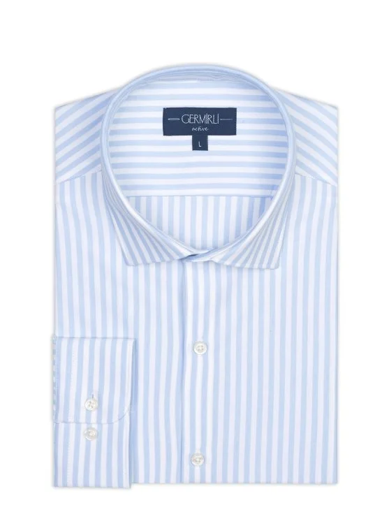 Germirli White Light Blue Striped 3D Germirli Slim Fit Active Cotton Shirt - Germirli 