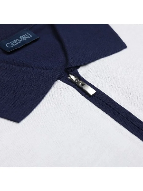 Germirli White Navy Blue Zippered Polo Collar Cotton Regular Fit Sweater - Germirli 