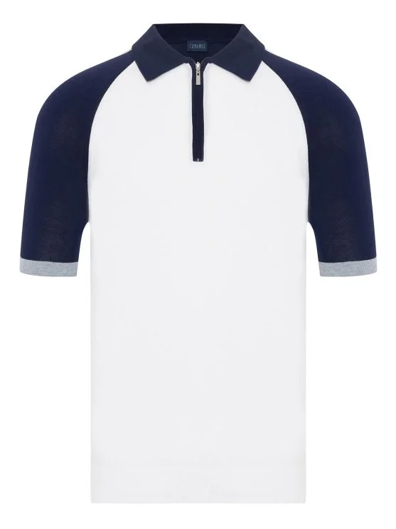 Germirli White Navy Blue Zippered Polo Collar Cotton Regular Fit Sweater - Germirli 