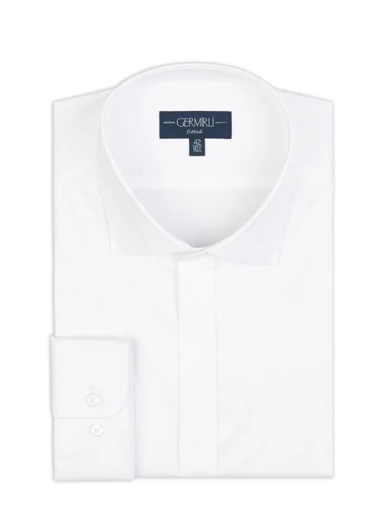 Germirli White Poplin Textured Classic Collar Tailor Fit Hidden Placket Cotton Elastane Shirt - Germirli 