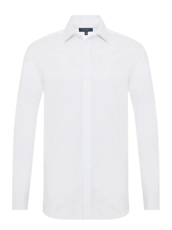 Germirli White Poplin Textured Classic Collar Tailor Fit Hidden Placket Cotton Elastane Shirt - Germirli 