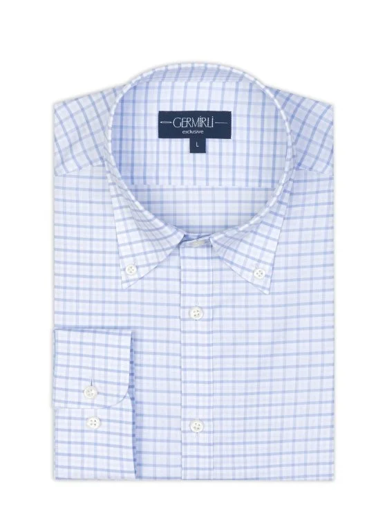 Germirli White Square Patterned Albini Relax Formula Tailor Fit Pure Cotton Exclusive Shirt - Germirli 