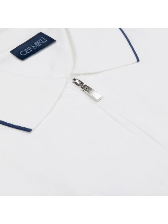 Germirli White Zippered Polo Collar Cotton Regular Fit Sweater - Germirli 