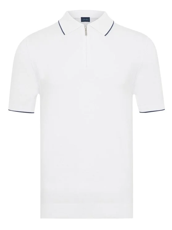 Germirli White Zippered Polo Collar Cotton Regular Fit Sweater - Germirli 