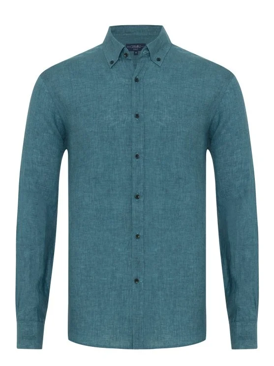 Green Delave Linen Button-down Collar Tailor Fit Shirt with Germirli - Germirli 