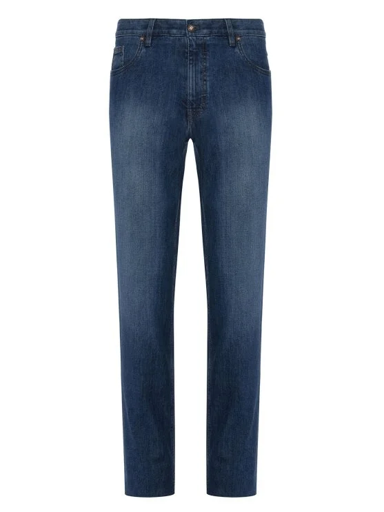 Hiltl Blue Washed Cotton Elastane 5 Pocket Regular Fit Denim Men's Trousers - Hiltl