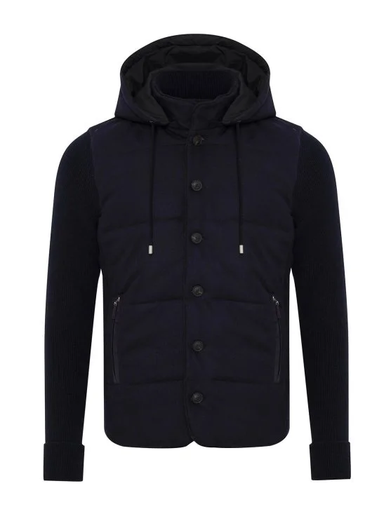 La Fileria Navy Blue Filled, Hooded Wool Men's Jacket Knitwear - La Fileria