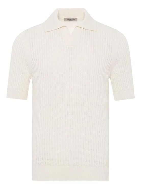 La Fileria Ecru Polo Neck Regular Fit Crochet Knitted Cotton Knitwear - La Fileria