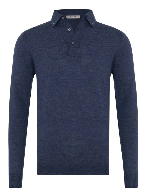 La Fileria Indigo Blue Wool Polo Button-down Collar Sweater - La Fileria