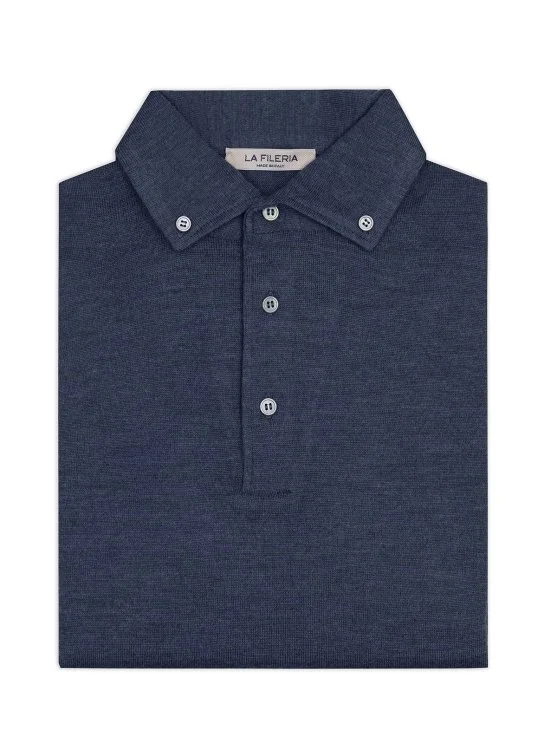 La Fileria Indigo Blue Wool Polo Button-down Collar Sweater - La Fileria