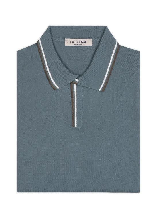 La Fileria Ocean Blue Polo Collar Cotton Regular Fit Sweater - La Fileria